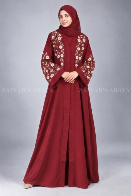 Embroidered Front Open Abaya in Red Color with a matching scarf