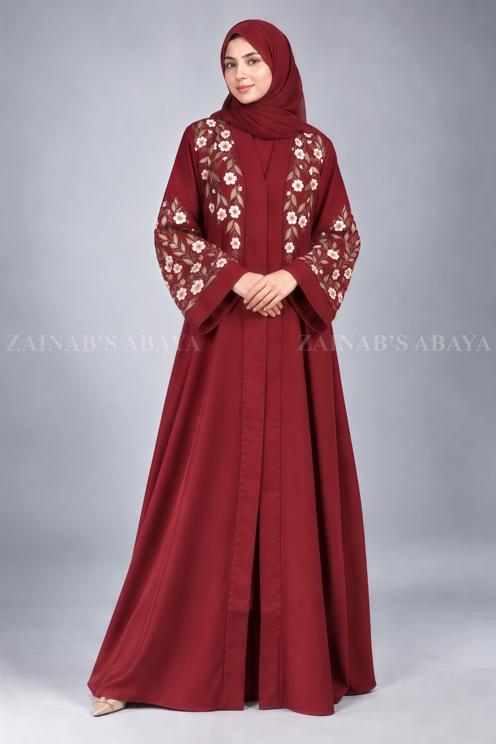 Front Open Abaya - Zainab Designer Abaya Embroidered Front Open Abaya in Red Color with a matching scarf