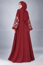Embroidered Front Open Abaya in Red Color with a matching scarf