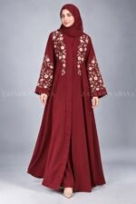 Embroidered Front Open Abaya in Red Color with a matching scarf