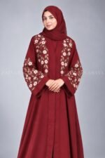Embroidered Front Open Abaya in Red Color with a matching scarf