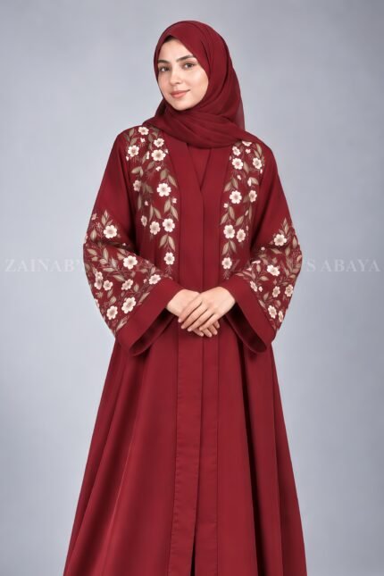 Embroidered Front Open Abaya in Red Color with a matching scarf