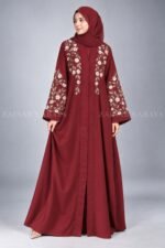 Embroidered Front Open Abaya in Red Color with a matching scarf