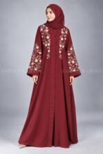 Embroidered Front Open Abaya in Red Color with a matching scarf