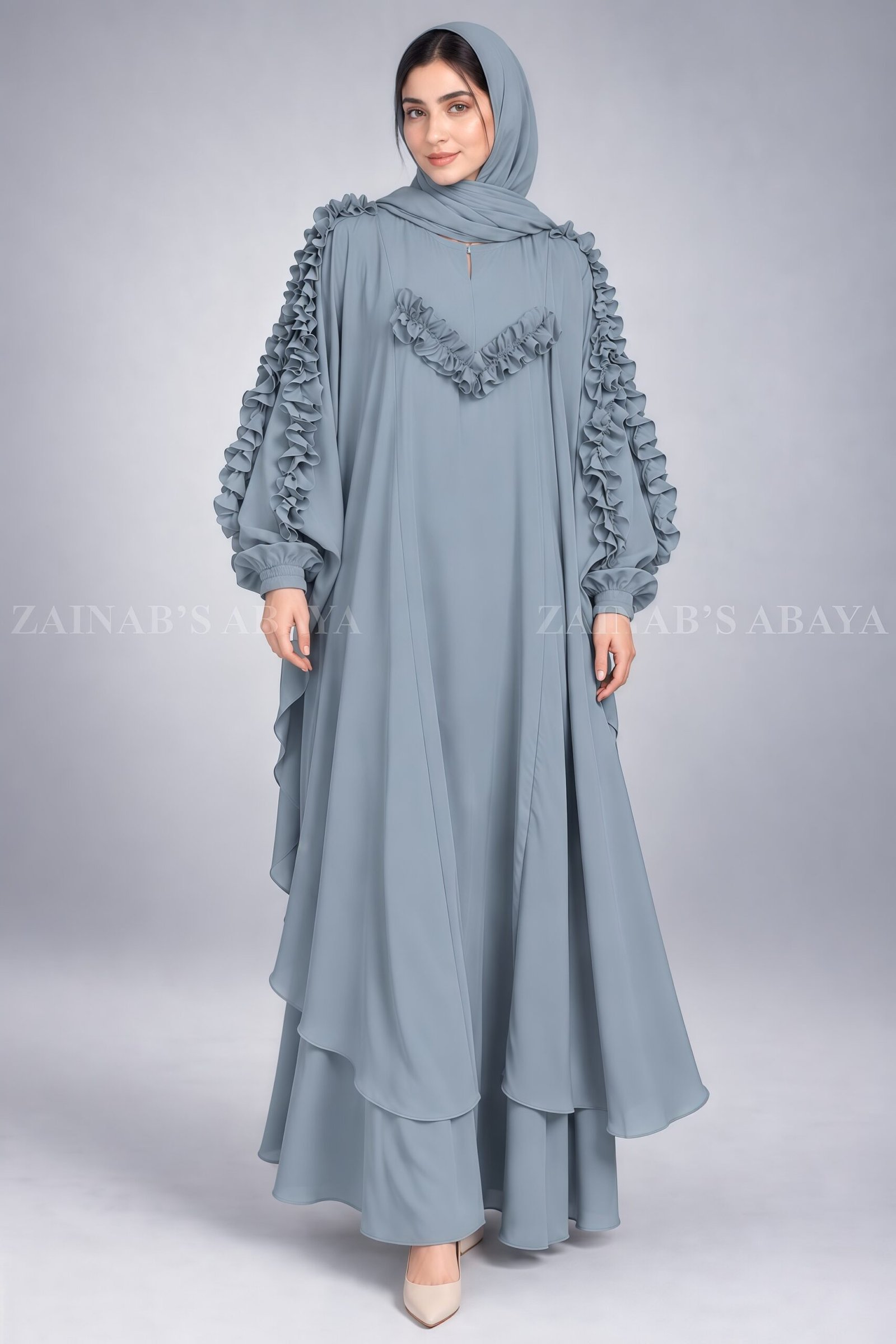 Maxi Abaya - Zainab Designer Abaya Jade Maxi Abaya with Chiffon Ruffle Detailing