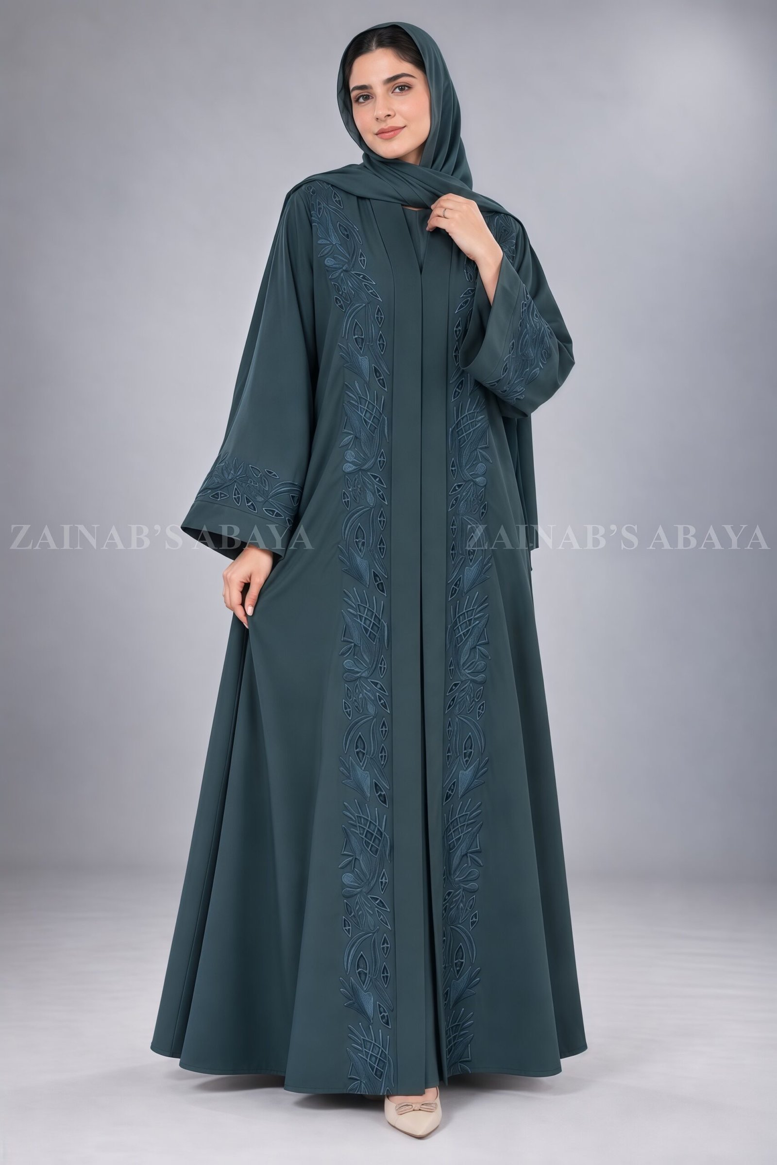 IMG_7637 Moongiya Front Open Abaya with Tonal Embroidery OL-827 - Image 1