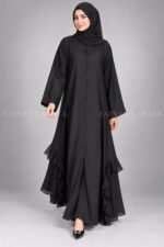 Black V-Neck Front Open Abaya with Chiffon Frill Hem