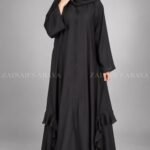 Black V-Neck Front Open Abaya with Chiffon Frill Hem
