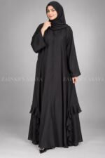 Black V-Neck Front Open Abaya with Chiffon Frill Hem
