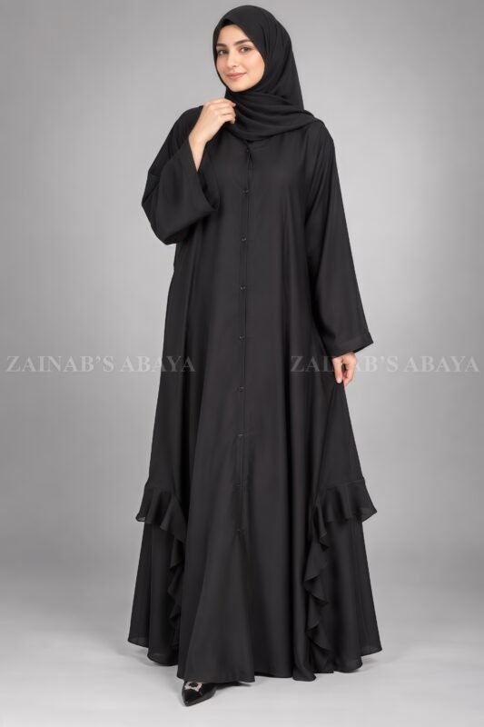 Black V-Neck Front Open Abaya with Chiffon Frill Hem