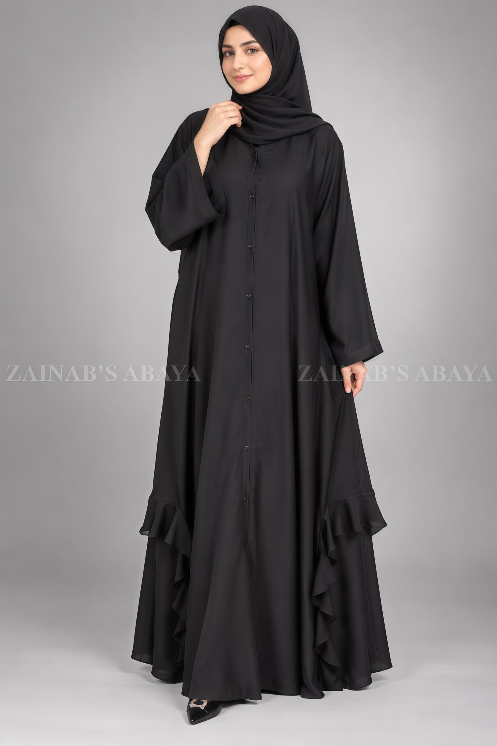 Front Open Abaya - Zainab Designer Abaya Black V-Neck Front Open Abaya with Chiffon Frill Hem