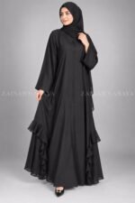 Black V-Neck Front Open Abaya with Chiffon Frill Hem