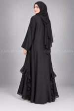 Black V-Neck Front Open Abaya with Chiffon Frill Hem