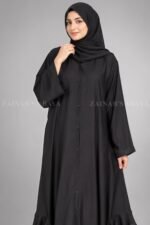 Black V-Neck Front Open Abaya with Chiffon Frill Hem