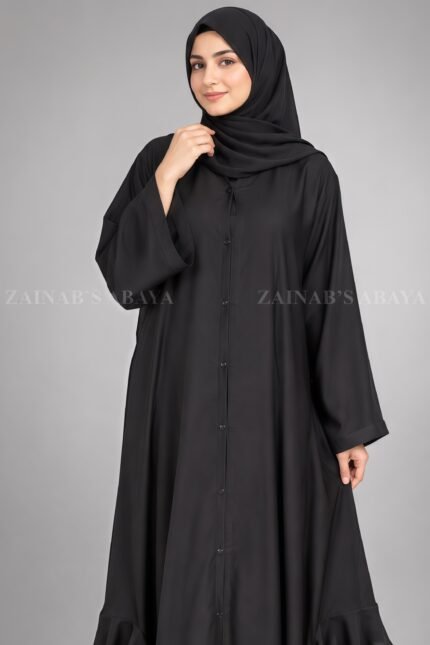 Black V-Neck Front Open Abaya with Chiffon Frill Hem