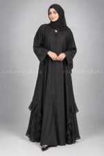 Black V-Neck Front Open Abaya with Chiffon Frill Hem
