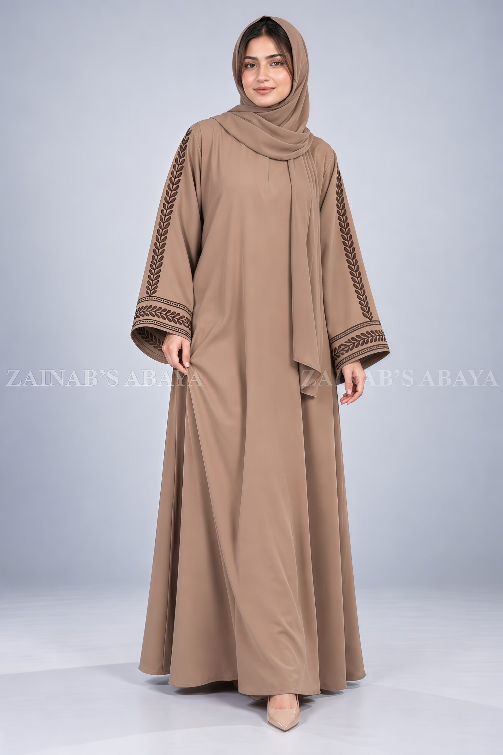 IMG_7812 Light Brown Maxi Abaya with Embroidery OL-1153 - Image 1