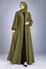 Olive Green Pleated Front Open Abaya for Women includes a matching scarf