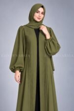 Olive Green Pleated Style Front Open Abaya for Women includes a matching scarf