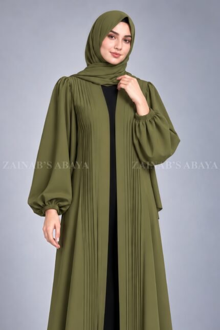 Olive Green Pleated Style Front Open Abaya for Women includes a matching scarf