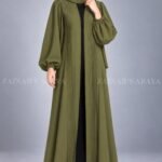 Olive Green Pleated Style Front Open Abaya for Women includes a matching scarf