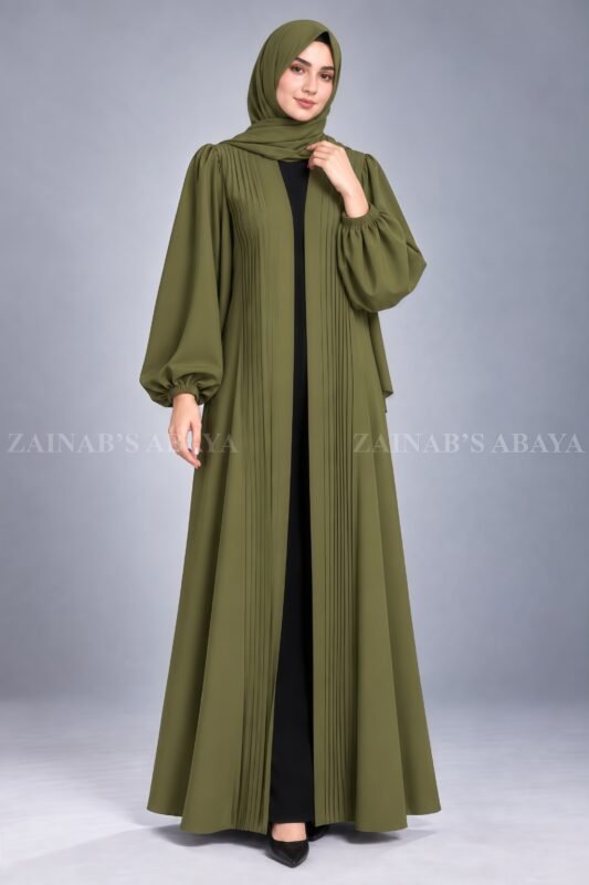 Olive Green Pleated Style Front Open Abaya for Women includes a matching scarf