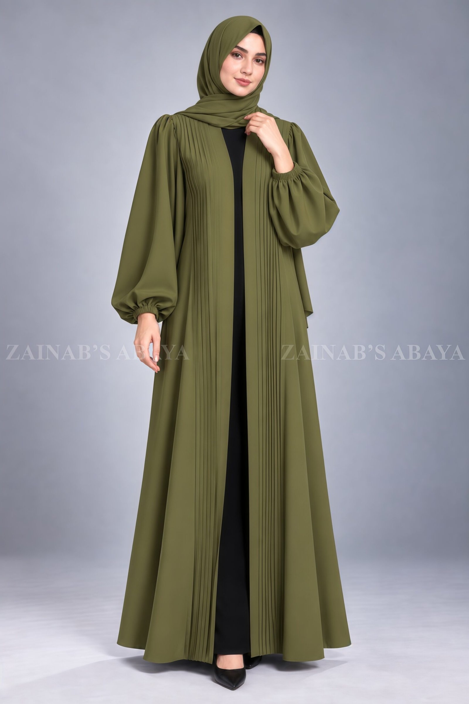 Front Open Abaya - Zainab Designer Abaya Olive Green Pleated Style Front Open Abaya for Women includes a matching scarf