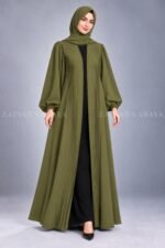 Olive Green Pleated Style Front Open Abaya for Women includes a matching scarf.