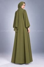 Olive Green Pleated Style Front Open Abaya for Women includes a matching scarf.