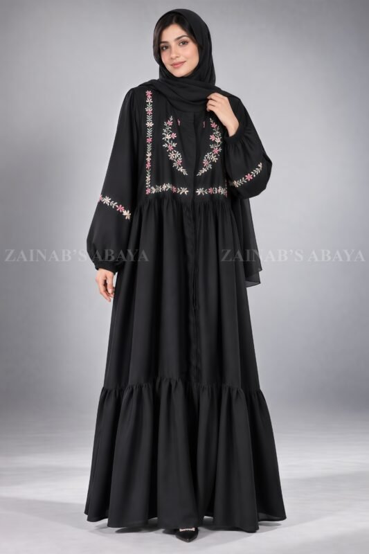 Floral Embroidered Front Open Abaya for Women includes a matching scarf