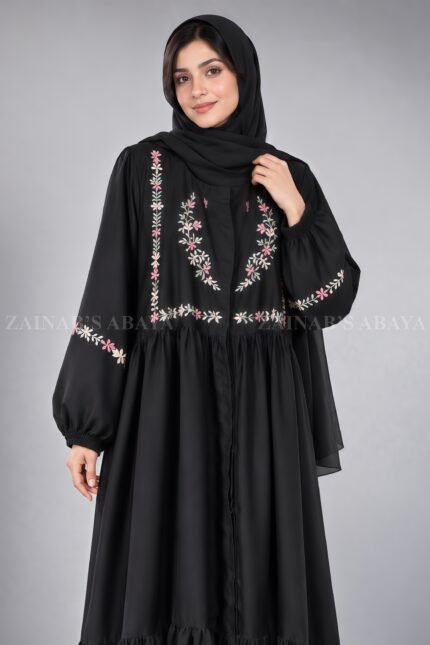 Floral Embroidered Front Open Abaya for Women includes a matching scarf