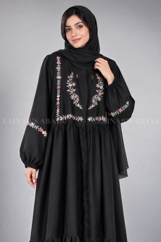 Floral Embroidered Front Open Abaya for Women includes a matching scarf