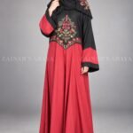 Red and Black Maxi Abaya with Floral Embroidery OL-1103