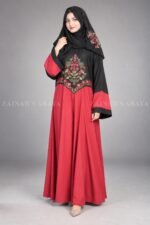 Red and Black Maxi Abaya with Floral Embroidery OL-1103