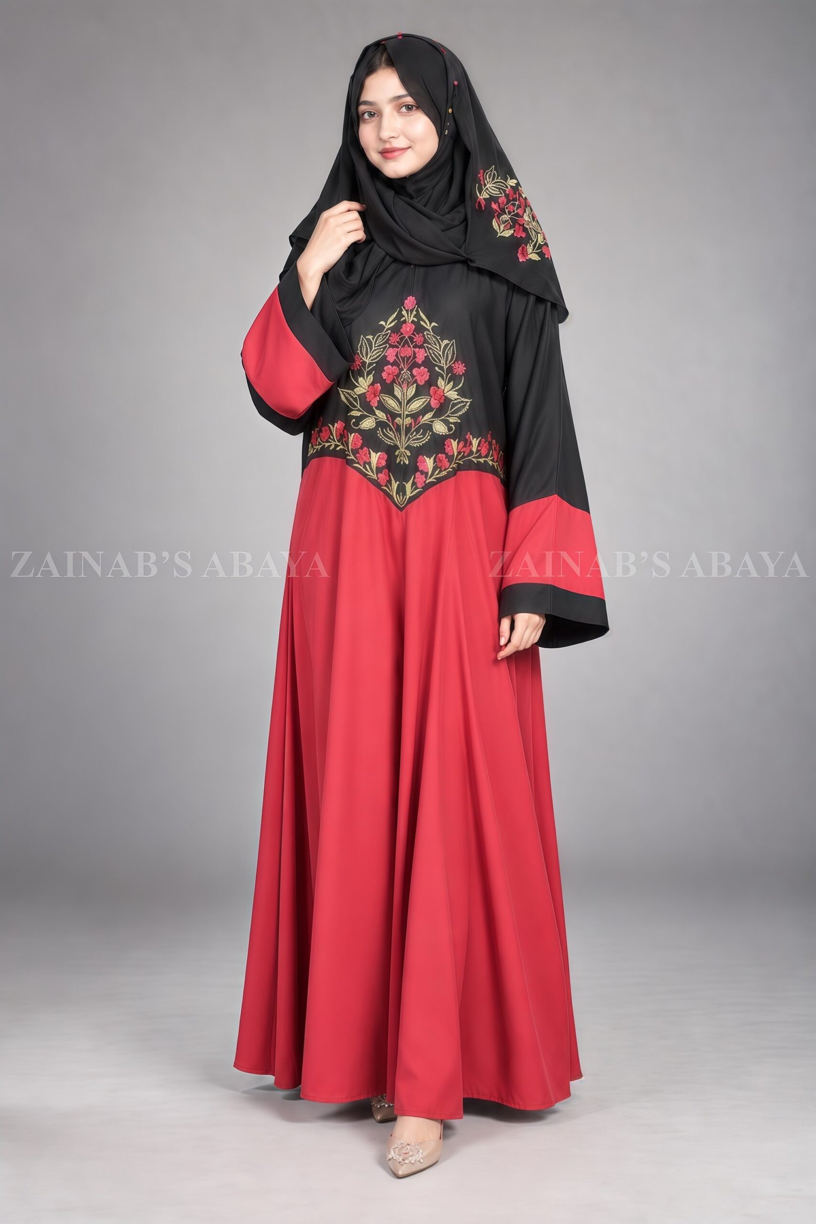 IMG_8424 Red and Black Maxi Abaya with Floral Embroidery OL-1103 - Image 1