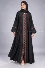 Black Front Open Abaya with Rosebud Embroidery OL-1211 - Image 5