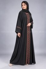 Black Front Open Abaya with Rosebud Embroidery OL-1211 - Image 4