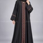 Black Front Open Abaya with Rosebud Embroidery OL-1211