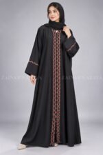 Black Front Open Abaya with Rosebud Embroidery OL-1211
