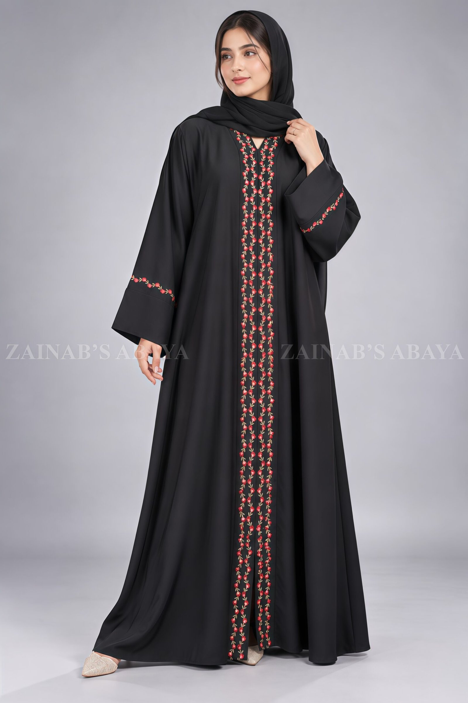 IMG_8533 Black Front Open Abaya with Rosebud Embroidery OL-1211 - Image 1