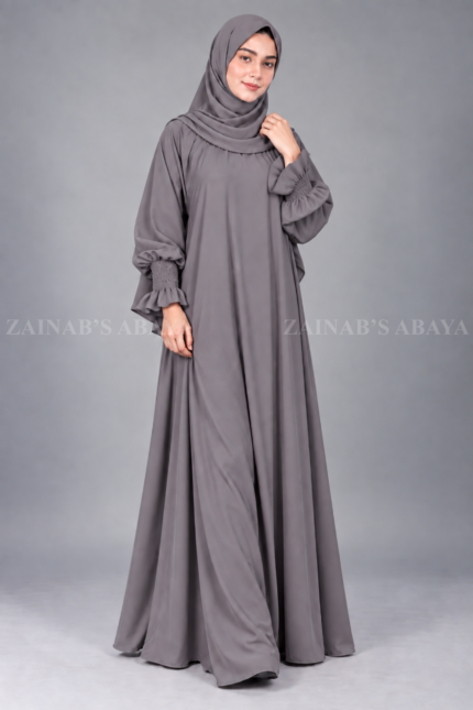 Dark Grey Maxi Abaya with Elastic Style Sleeves OL-1212