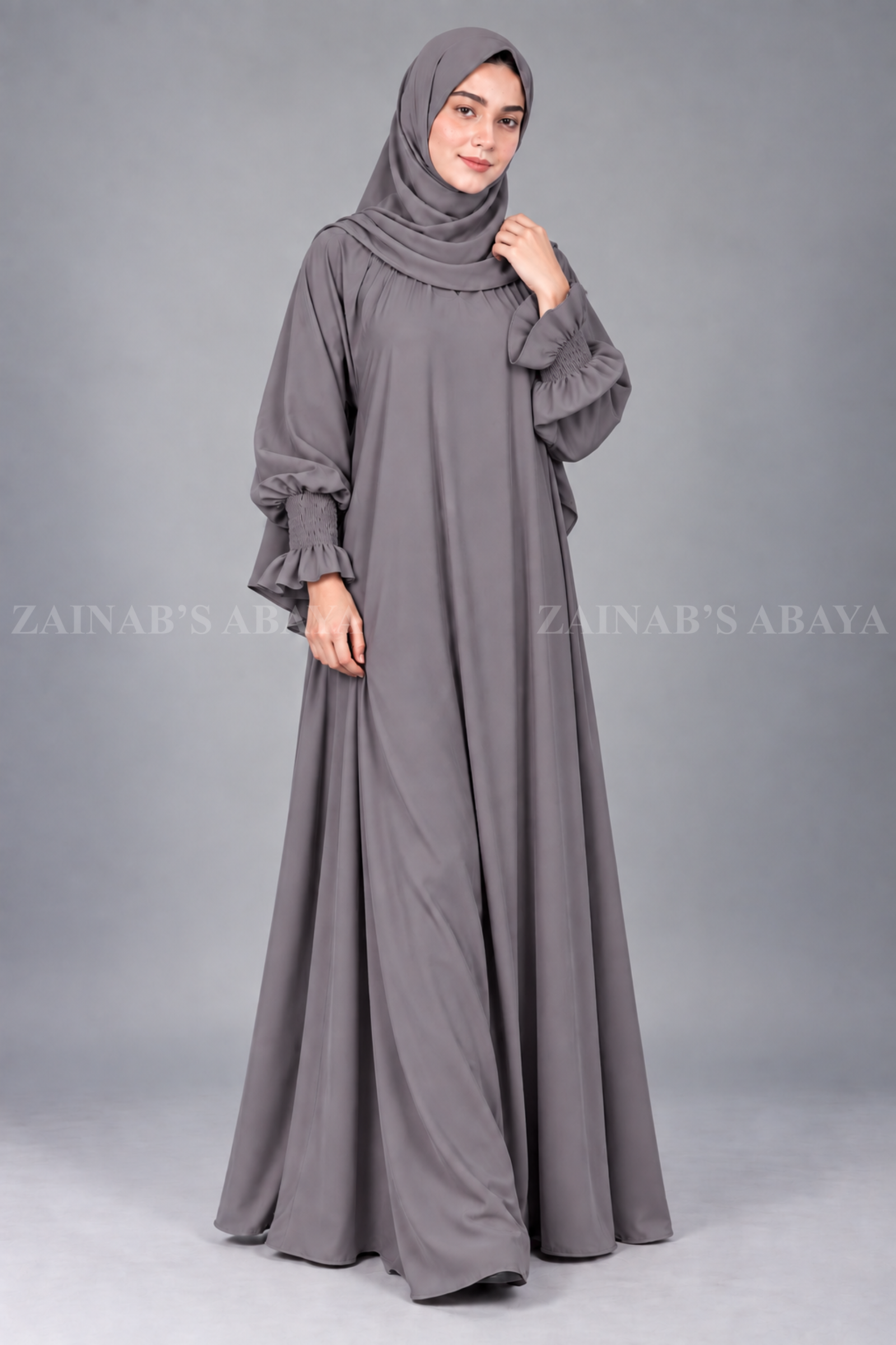 4 Dark Grey Maxi Abaya with Elastic Style Sleeves OL-1212 - Image 1