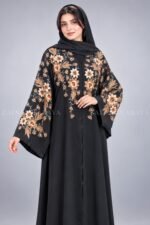 Black front open abaya in imported Korean Nida with Chinese chiffon floral design