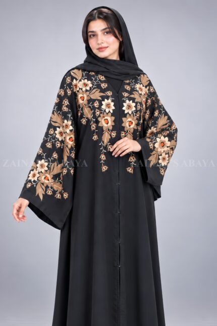Black front open abaya in imported Korean Nida with Chinese chiffon floral design