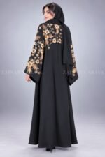 Black front open abaya in imported Korean Nida with Chinese chiffon floral design