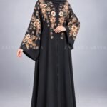 Black front open abaya in imported Korean Nida with Chinese chiffon floral design