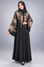 Black front open abaya in imported Korean Nida with Chinese chiffon floral design
