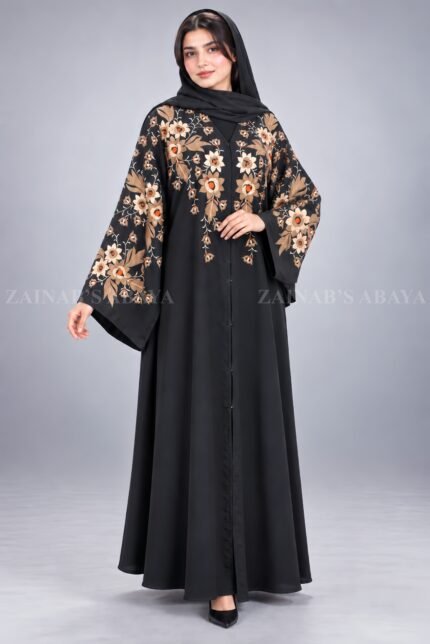 Black front open abaya in imported Korean Nida with Chinese chiffon floral design