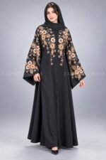 Black front open abaya in imported Korean Nida with Chinese chiffon floral design