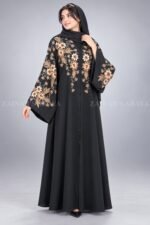 Black front open abaya in imported Korean Nida with Chinese chiffon floral design
